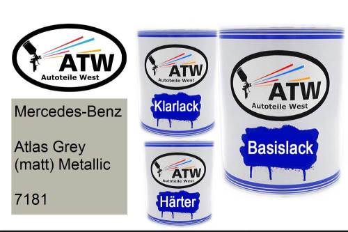 Mercedes-Benz, Atlas Grey (matt) Metallic, 7181: 1L Lackdose + 1L Klarlack + 500ml Härter - Set, von ATW Autoteile West.